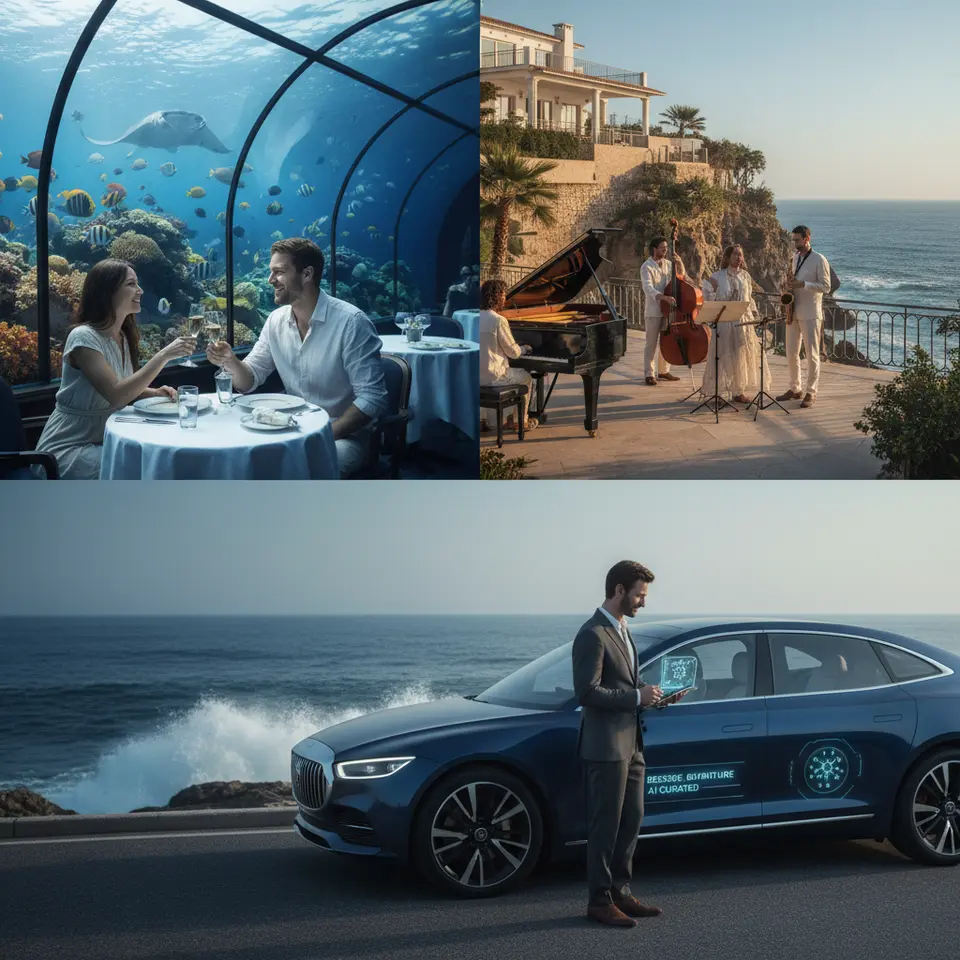 Hyper-Personalized Experiences: An exclusive underwater restaurant with panoramic glass walls showing vibrant marine life, a private jazz trio performing on a villa’s terrace overlooking ocean waves, and an autonomous luxury electric vehicle awaiting curbside arrival—all curated by AI for a bespoke adventure.