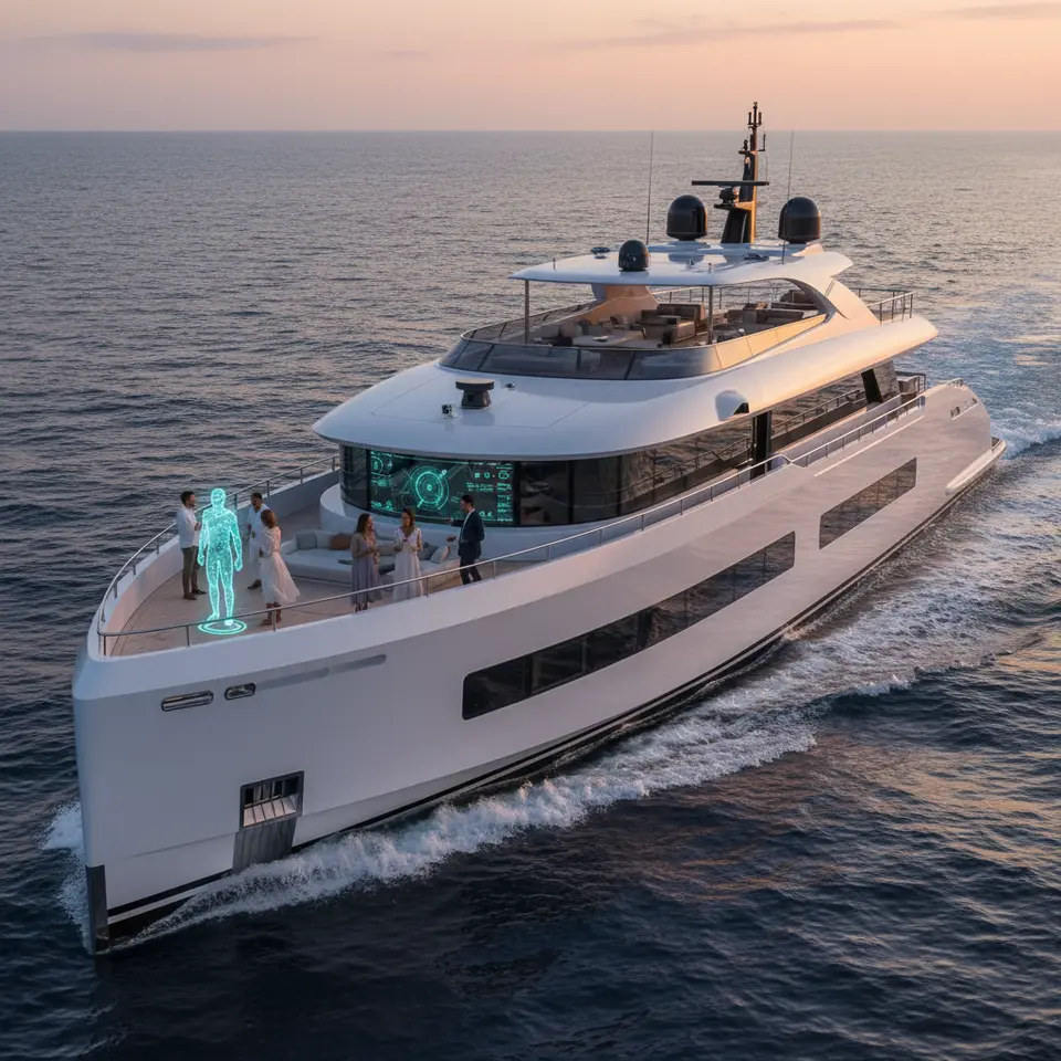 Autonomous superyacht at sea: a sleek white megayacht gliding through azure waters, its decks lined with LiDAR and sonar sensor arrays, a glass-walled control lounge displaying holographic AI navigation charts, mood-responsive deck lighting mirroring the sunset, and an onboard virtual concierge hologram curating guests’ personalized itineraries.