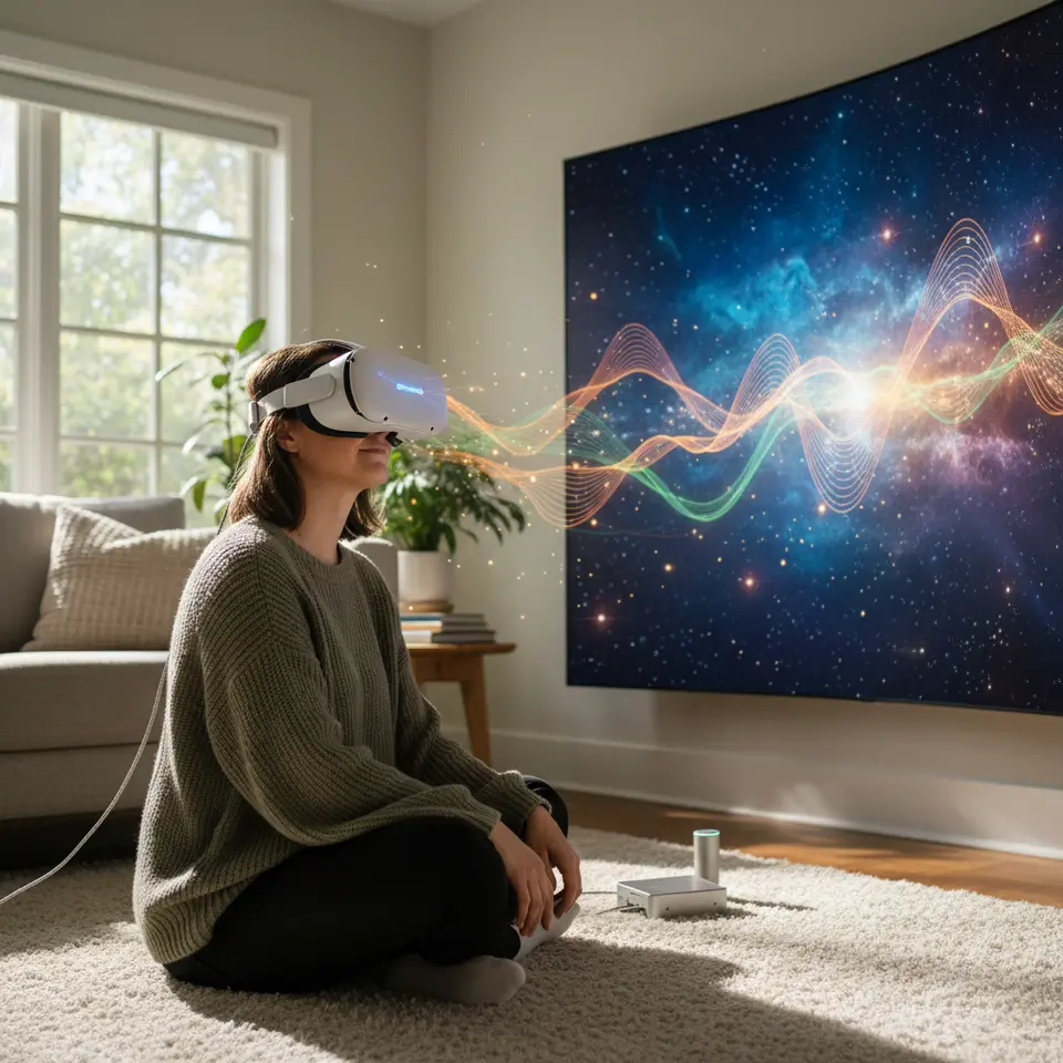 Immersive AI-Powered Neurofeedback in Virtual Reality: A user wearing a lightweight EEG-equipped VR headset, transported to a serene digital landscape (beach, forest, or cosmic vista) with neural signals visualized as dynamic ambient light patterns and responsive elements in the scene.