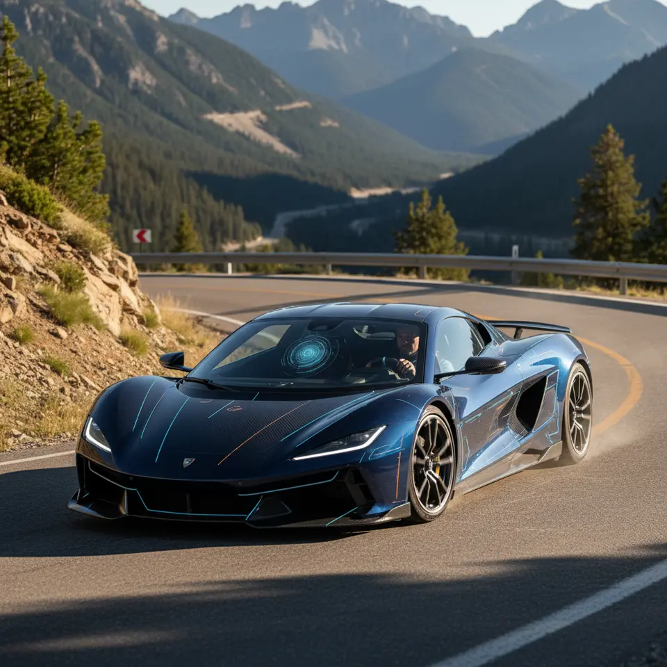 AI-Powered Electric Supercar in Action: A sleek carbon-fiber electric supercar hugging a mountain hairpin turn, overlaid with glowing digital vectors showing neural torque distribution to each wheel and dynamic suspension adjustments. The cabin interior is visible through a tinted windshield, featuring biometric retinal scanner, mood-adaptive ambient lighting shifting hues, and holographic infotainment controls responding to voice commands.