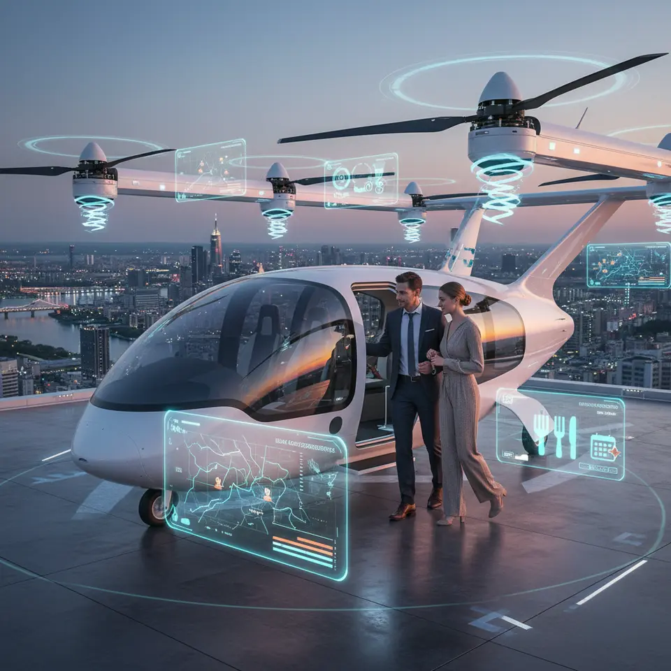Futuristic eVTOL Aircraft at a Rooftop Vertiport: A luxury electric vertical take-off and landing (eVTOL) craft poised on a rooftop vertiport above a modern city skyline. Multiple rotors are spinning with translucent thrust-vector arrows, while passengers step into a panoramic smart-glass cabin. Surrounding AI dashboards display real-time 3D traffic corridors, wind shear compensation, and in-flight concierge icons for meals and itinerary changes.