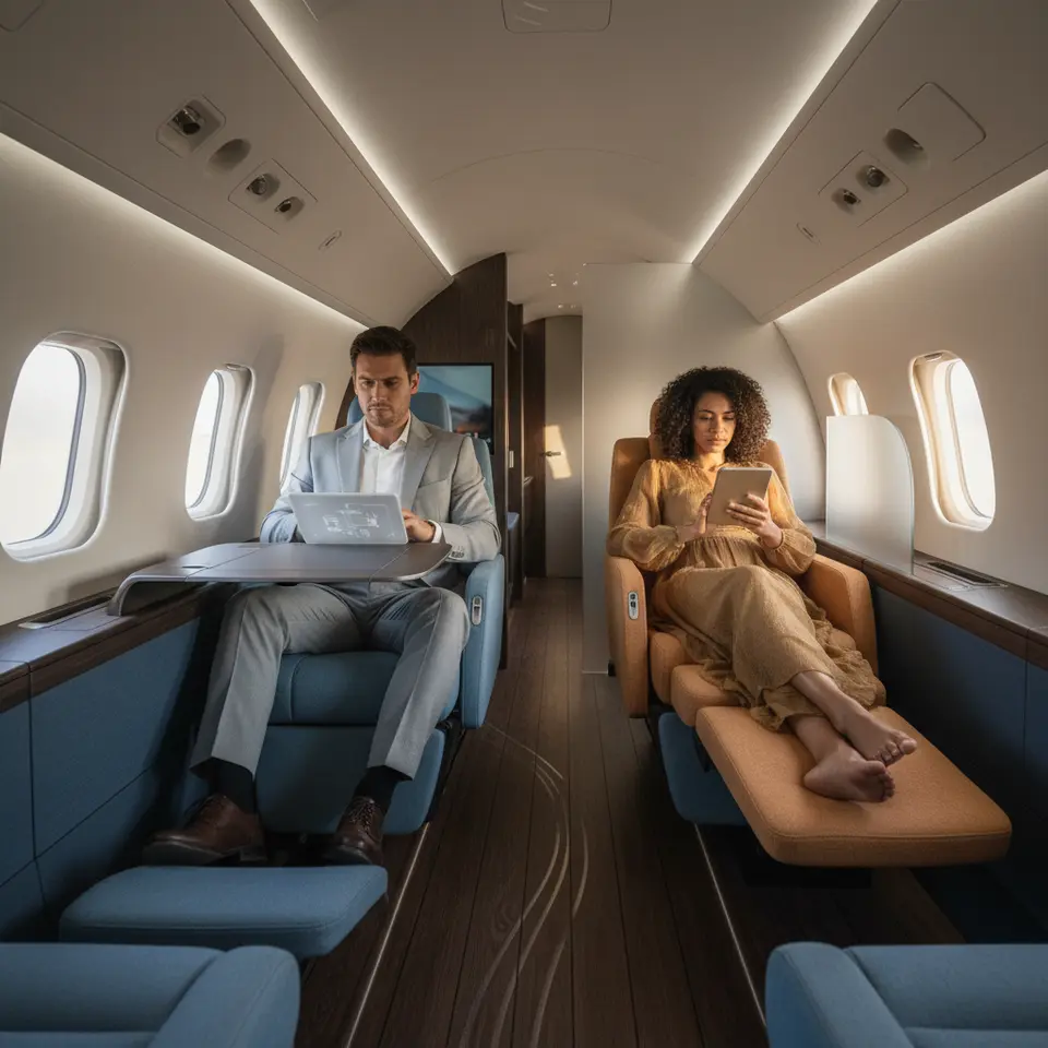 Adaptive Smart Interiors for Personalized Comfort: a futuristic luxury jet cabin where ambient lighting shifts to personalized hues, modular seats transform into pop-up desks and retractable footrests, smart textile upholstery changing firmness and opacity on command, with overhead sensor panels and automated privacy partitions seamlessly adapting to passenger cues