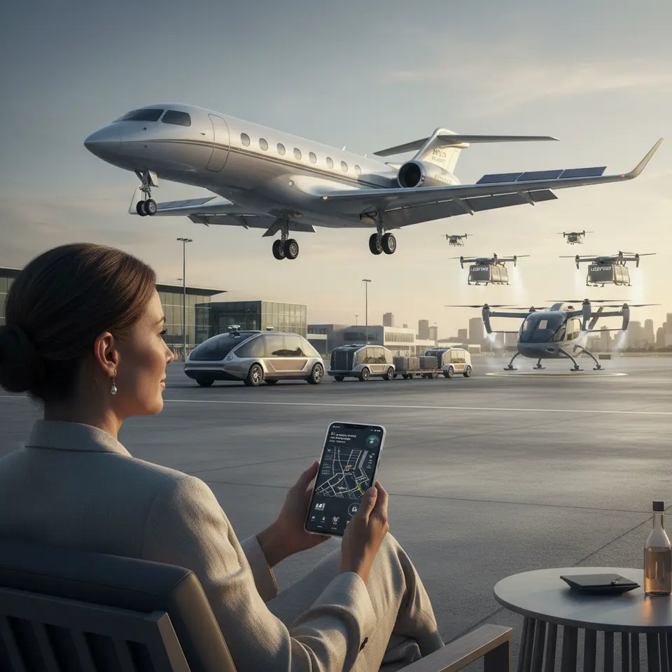 Integrated Connectivity and Autonomous Horizons: a high-tech scene showing an AI-driven luxury jet approaching its destination while syncing with ground logistics—smartphone interface adjusting home settings, electric autonomous ground vehicles ready at the tarmac, luggage-tracking drones in flight, and a VTOL electric air taxi landing nearby under autonomous pilot-assist systems