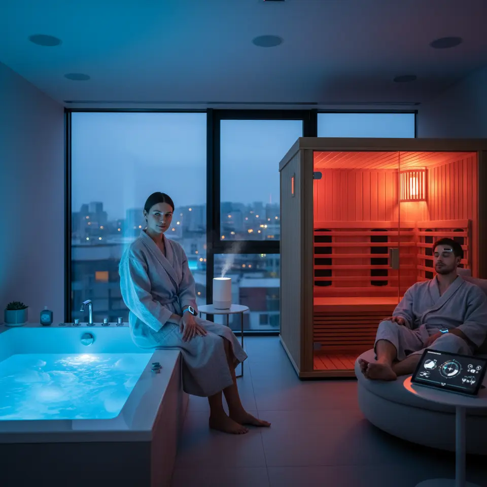 Hyper-Personalized Wellness and Ambiance: A luxurious indoor setting where ambient LED lighting shifts from cool energizing blues to warm calming oranges, integrated biometric sensors track heart rate and stress, a sleek essential‐oil diffuser emits mist, discreet acoustic therapy speakers play soothing tones, and a smart hydrotherapy bath and infrared sauna stand ready—illustrating an environment that adapts in real time to your physiological and emotional state.