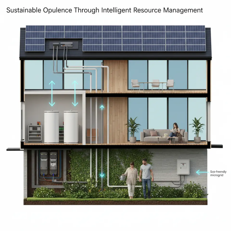 Sustainable Opulence Through Intelligent Resource Management: A modern luxury home’s cross‐section showing rooftop solar panels and a geothermal array, on‐site battery storage, greywater recycling piping feeding lush landscaped gardens, smart electrochromic windows dynamically tinting, and energy flow arrows indicating smart meters selling excess power back to the grid—demonstrating an eco‐friendly microgrid in action.