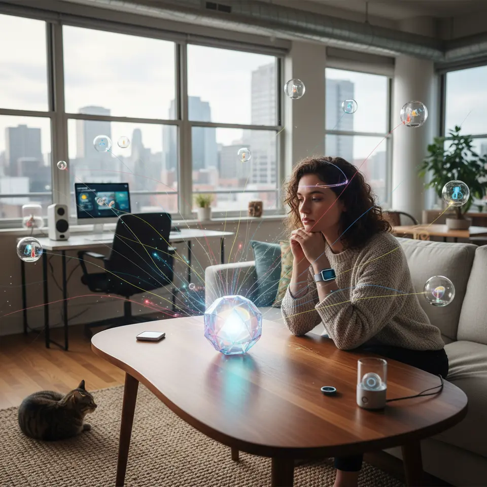 AI and Sensor Fusion: A high-tech living environment where biometric wearables (smart wristband, mood-sensing headband), environmental probes, and IoT devices emit colorful data streams that converge into a glowing quantum-enhanced AI core, illustrating real-time sensor fusion and context awareness