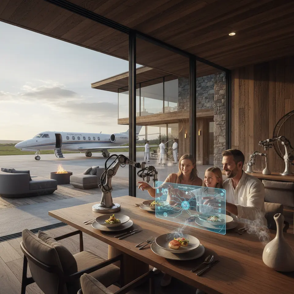 Bespoke Travel and Dining: A luxury private jet parked beside an exclusive villa, with a robotic kitchen plating a customized multi-course meal, ambient holographic menus, tailored lighting, and aromatic diffusers, showcasing hyper-personalized travel and dining orchestration