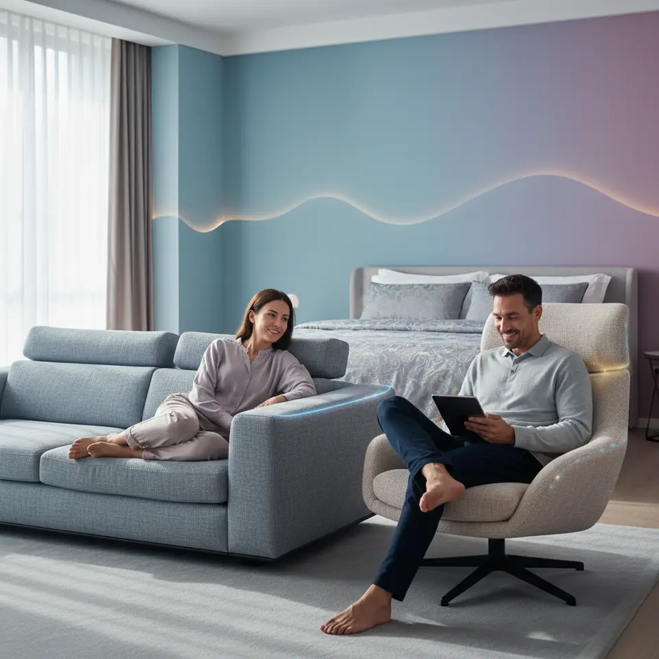 Adaptive Ambiance and Material Intelligence: A sleek, high-end living space where walls gently shift through a spectrum of calming hues, furniture contours autonomously reshape to support the occupant’s spinal alignment, ambient lighting pulses with stress-reducing wavelengths, and elegant smart fabrics on chairs and bedding subtly change texture and temperature in response to skin sensors.