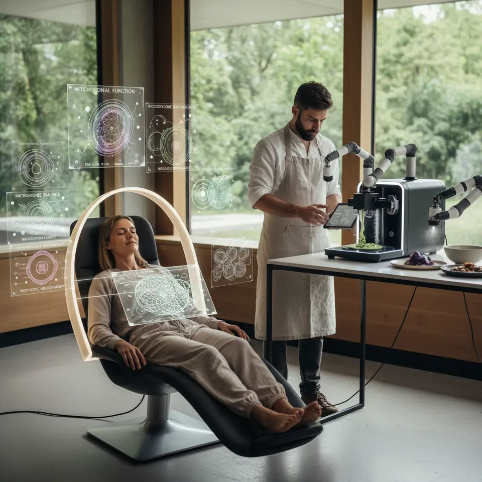 Quantum Bio-Scans and Nutrigenomic Menus: A futuristic wellness suite showing a guest undergoing a non-invasive quantum bio-scan that projects colorful holographic data—mitochondrial function, microbiome balance, neural connectivity—while an AI chef’s 3D food printer extrudes precision-dosed superfood dishes enriched with nootropics and adaptogens on a minimalist countertop.